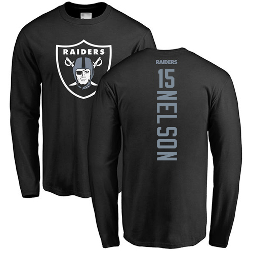 Men Oakland Raiders Black J  J  Nelson Backer NFL Football #15 Long Sleeve T Shirt